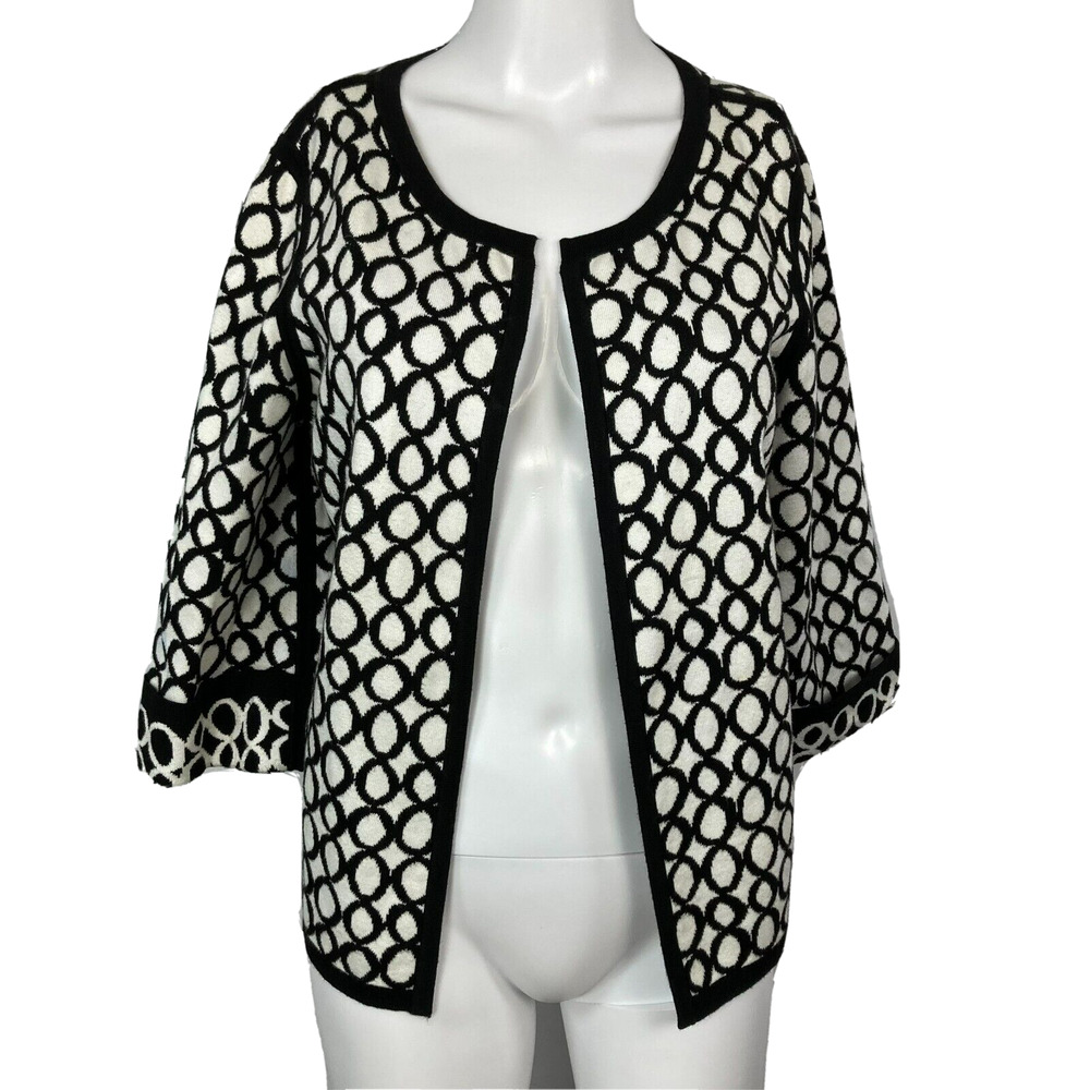 Worth Cardigan Womens Sz S Black White Sweater‎ Stretch Open Printed 3/4 Sleeve